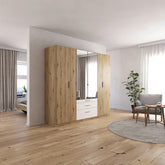Mosbach 6 Door White & Oak Wardrobe with Mirror and Drawers - 226cm - Pendle Village Furniture